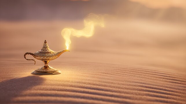 Enchanting desert wish lamp scene evokes magic calm golden light fantasy stock photo art
