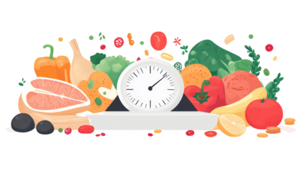 Weight management concept with healthy foods and simple scale on transparent background