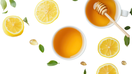 Wellness self-care concept with herbal tea honey and lemon slices on transparent background