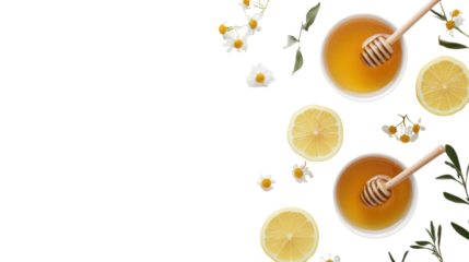 Wellness self-care concept with herbal tea honey and lemon slices on transparent background