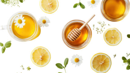 Wellness self-care concept with herbal tea honey and lemon slices on transparent background