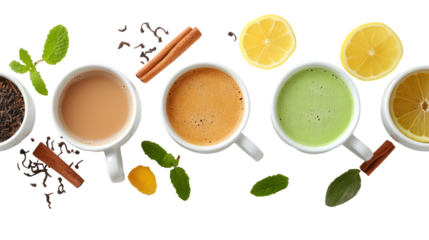 Winter hot drink collection chai latte peppermint hot chocolate on transparent background