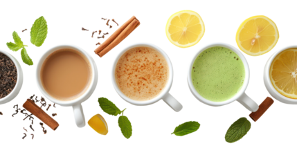 Winter hot drink collection chai latte peppermint hot chocolate on transparent background