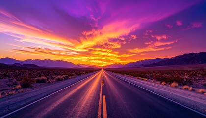 Vibrant Desert Sunset Over a Long Straight Highway Leading Towards the Horizon.