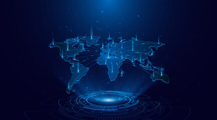 A holographic world map. The concept relates to a global network of connectivity. Internet technology or global communication.