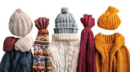 Wool sweater dress side by side with matching scarf gloves and accessories on transparent background