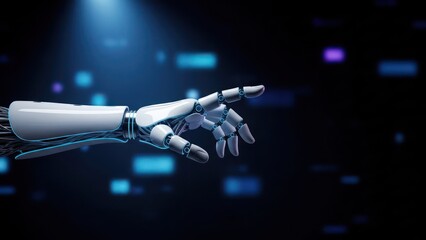 Robotic hand extends, touching interface with floating blue digital shapes