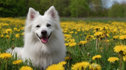A cheerful white dog enjoys a sunny day in a field full of yellow dandelions. The vibrant flowers and lush greenery of spring create a beautiful, joyful scene perfect for pet lovers.