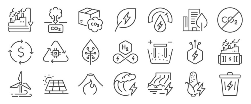 Specific Green Tech icon set. It includes Carbon Capture, Carbon, Utilization, Hydrogen, Electrolysis, clean energy, and more icons. Editable Vector Stroke.