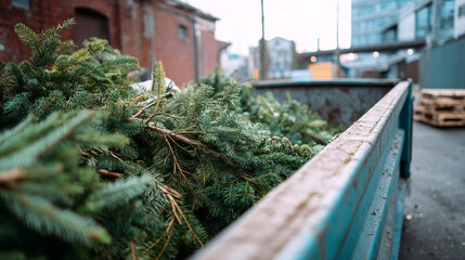Discarded Christmas tree branches in a large metal recycling container after holiday season