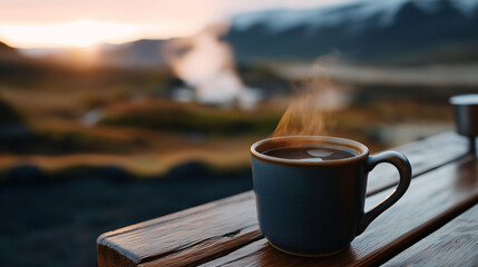 Steaming hot coffee in rustic ceramic mug enjoyed at outdoor wooden table overlooking breathtaking volcanic landscape at dawn Nordic travel experience morning ritual northern