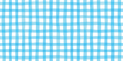 Seamless hand painted blue gingham check pattern with soft watercolor texture. Cute rustic plaid background perfect for fabric, wallpaper, packaging, stationery, kitchen and summer designs