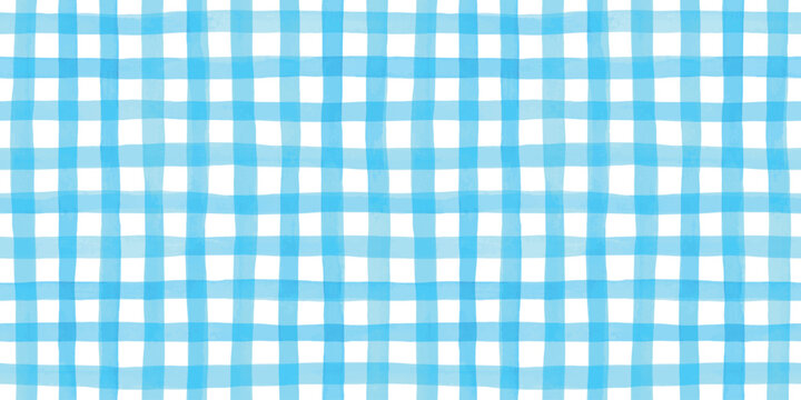 Seamless hand painted blue gingham check pattern with soft watercolor texture. Cute rustic plaid background perfect for fabric, wallpaper, packaging, stationery, kitchen and summer designs