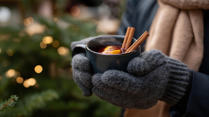 Hands wearing thick knitted winter mittens cradling steaming ceramic mug of aromatic mulled wine with cinnamon stick Christmas market beverage tradition holiday warming drink