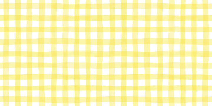 Seamless hand painted yellow, orange gingham check pattern with soft watercolor texture. Warm cheerful plaid background ideal for fabric, wallpaper, packaging, stationery, kitchen and summer designs