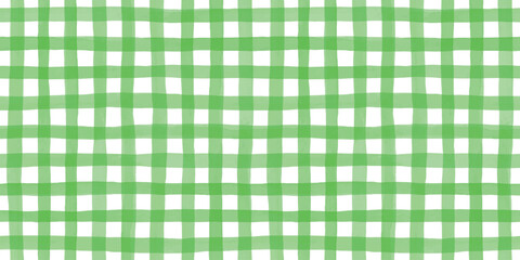 Seamless hand painted green gingham check pattern with soft watercolor texture. Warm cheerful plaid background ideal for fabric, wallpaper, packaging, stationery, kitchen and summer designs