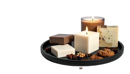Candles illuminate soaps and baked goods arranged artfully on a dark platter