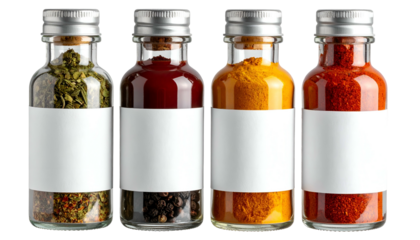 Four glass jars filled with colorful spices, each with a silver cap and a blank label