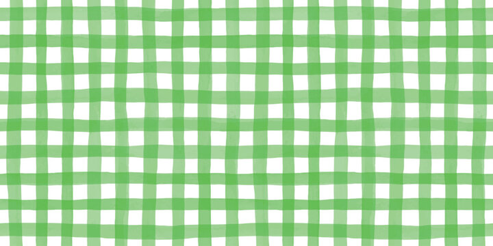Seamless hand painted green gingham check pattern with soft watercolor texture. Warm cheerful plaid background ideal for fabric, wallpaper, packaging, stationery, kitchen and summer designs