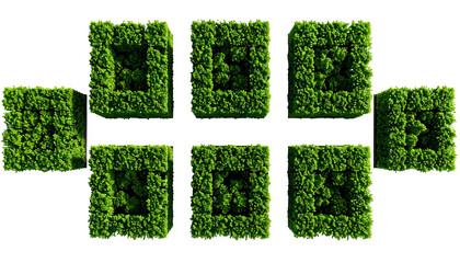 Top-down view of seven square-shaped green bushes, several with openings