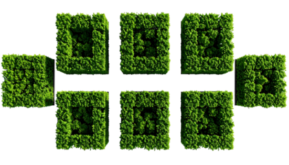 Top-down view of seven square-shaped green bushes, several with openings