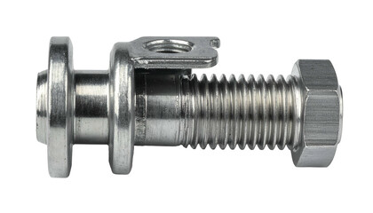 Close-up of a shiny, metallic bolt with integrated washer and a small, bent metal tab