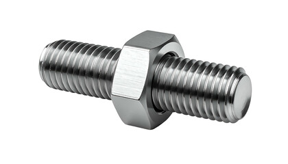 Shiny, metallic stud bolt with nut, on a black background. Close-up, technical detail