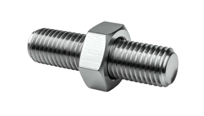 Shiny, metallic stud bolt with nut, on a black background. Close-up, technical detail