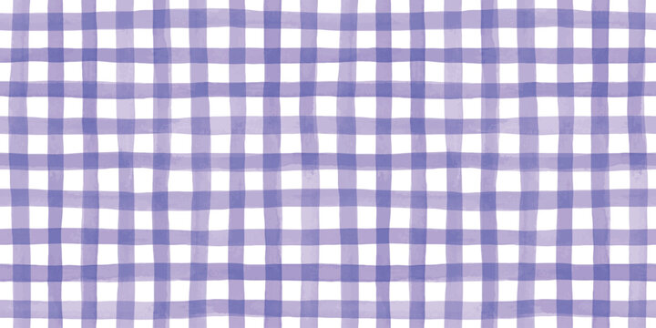 Seamless hand painted violet and purple gingham check pattern with soft watercolor texture. Warm cheerful plaid background ideal for fabric, wallpaper, packaging, stationery, kitchen, summer design