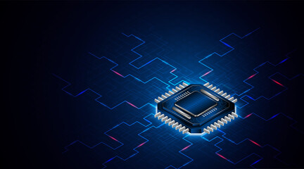 Microchip processor circuit board technology on dark blue background. Information Processing Concept. Circuit board hi-tech technology background. vector illustration
