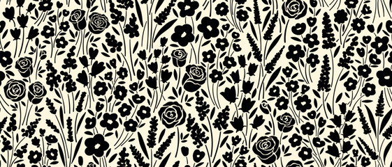 Seamless vintage floral pattern with delicate ditsy cream flowers and tiny leaves on a deep black background. Elegant botanical design ideal for textiles, wallpaper, packaging, stationery and decor