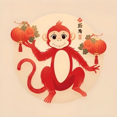Chinese Zodiac Monkey Symbol for Lunar New Year Celebration, Year of the Monkey Chinese Zodiac Illustration in Festive Red. 