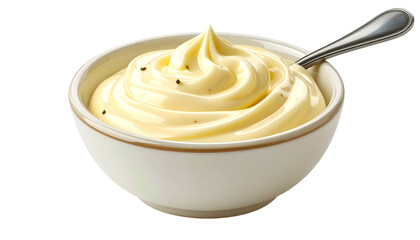 Creamy, yellow condiment swirls in a small bowl with a silver spoon