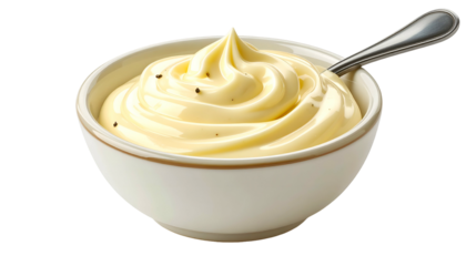 Creamy, yellow condiment swirls in a small bowl with a silver spoon