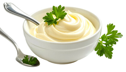 Creamy, white, swirled condiment in a bowl with spoons and fresh green garnish