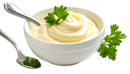 Creamy, white, swirled condiment in a bowl with spoons and fresh green garnish