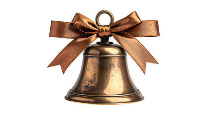 Close-up of a bronze bell with a ribbon bow on top against a black background