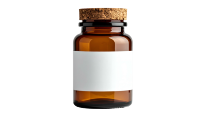 A brown glass bottle with a cork stopper and blank white label against a dark backdrop