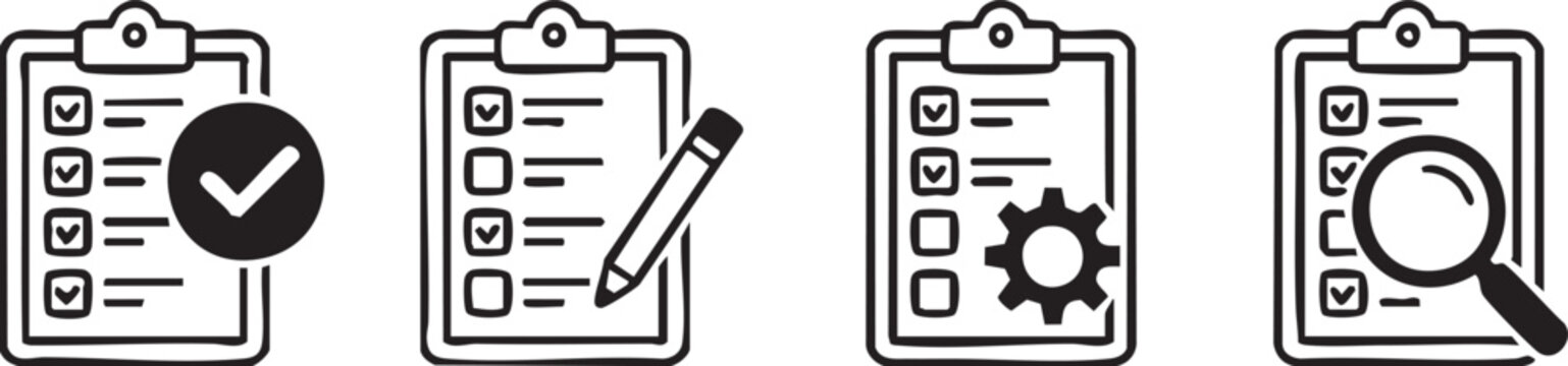 Clipboard icon. Checklist with gear, checkmarks, magnifier and pencil. Quality check line sign. Check List flat line icon. Form icon. Clipboard with gear technical support check list - stock vector.