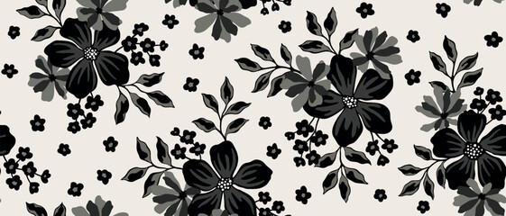 Leaves branch and Hand Drawn doodle Scribble floral plants banner, seamless pattern. Creative minimalist Abstract art background. Design wall decoration, postcard, poster, brochure