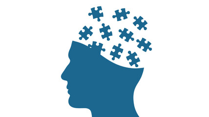 Human Head with Puzzle Pieces in Blue Silhouette with Creative Thinking in Simple Flat Design for Mental Health Awareness