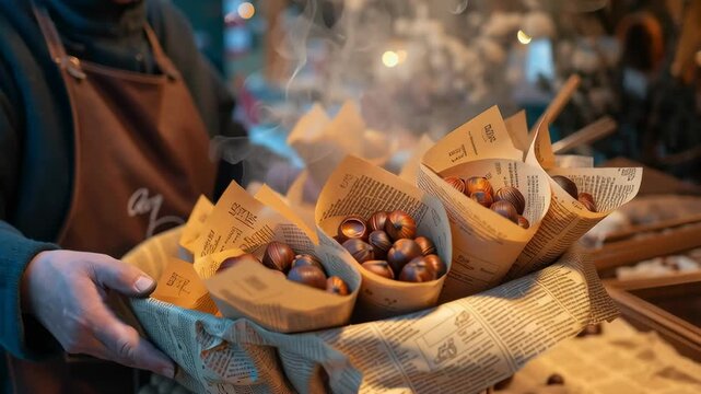 Freshly roasted chestnuts served in paper cones at a cozy street food stall with warm steam rising, capturing winter comfort, tradition, and seasonal market atmosphere