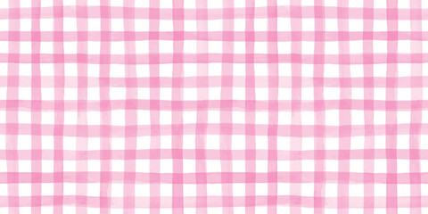 Seamless hand painted pink gingham check pattern with soft watercolor texture. Warm cheerful plaid background ideal for fabric, wallpaper, packaging, stationery, kitchen and summer designs