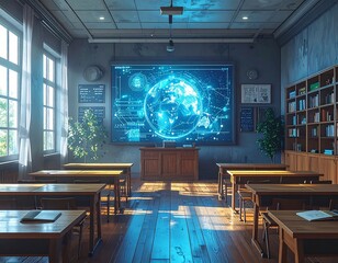 Advanced Classroom with Interactive Globe Display and Modern Technology