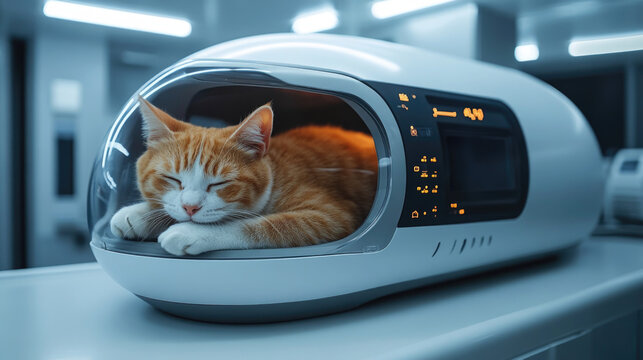 Futuristic medical veterinary robot examining cat in pet hospital.