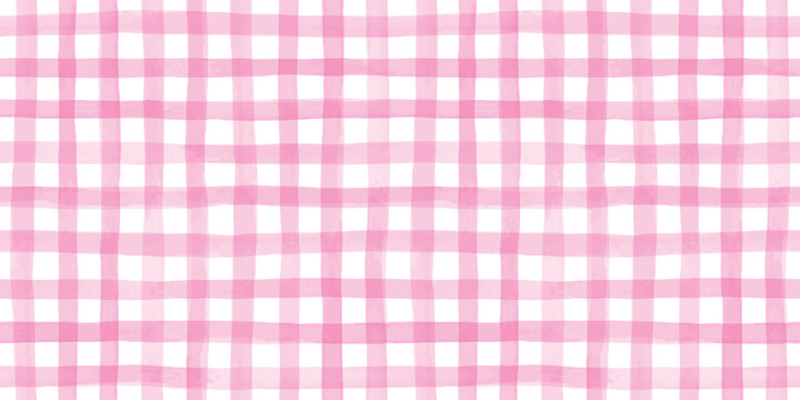 Seamless hand painted pink gingham check pattern with soft watercolor texture. Warm cheerful plaid background ideal for fabric, wallpaper, packaging, stationery, kitchen and summer designs