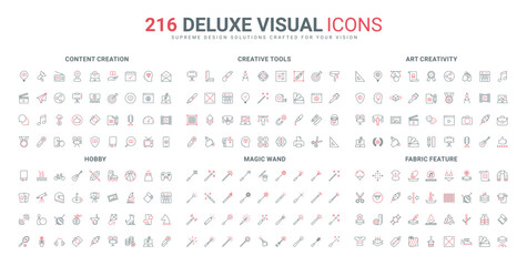 Artwork creation, creativity and visual design tools, hobby for leisure line icon set. Creative graphics and authors ideas, paintbrush, palette thin black and red outline symbols vector illustration