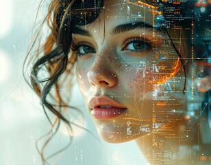 Digital portrait of a woman's face intricately fused with glowing circuit patterns, symbolizing the integration of human intelligence and advanced artificial intelligence