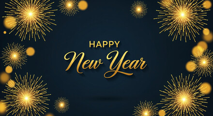 A digital artwork with the text HAPPY new Year in elegant, cursive golden script