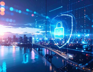 Cybersecurity protecting smart city infrastructure. Digital shield with padlock icon on a futuristic urban landscape, symbolizing secure networks and data